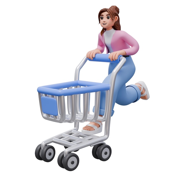 Renderização 3D de personagem feminina em um carrinho de compras vazio