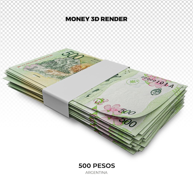 PSD renderização 3d de pilhas de notas argentinas de 500 pesos
