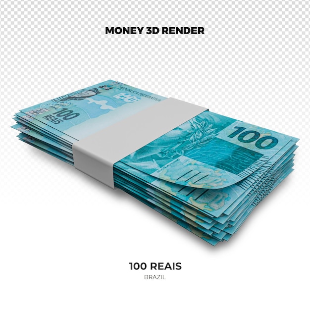 Renderização 3D de pilhas de notas brasileiras de 100 reais