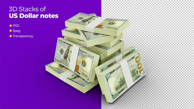 Renderização 3d de pilhas de notas de 100 dólares americanos, feixes de notas de moeda dos estados unidos isolados