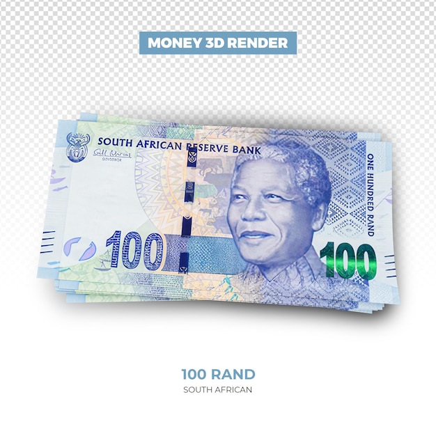 Renderização 3d de pilhas de notas de 100 rand sul-africanas