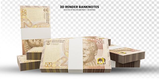 Renderização 3D de pilhas de notas de 20 RAND da África do Sul