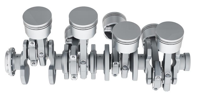 Renderização 3D de pistões de motor V8 e engrenagem lateral isolada em fundo transparente