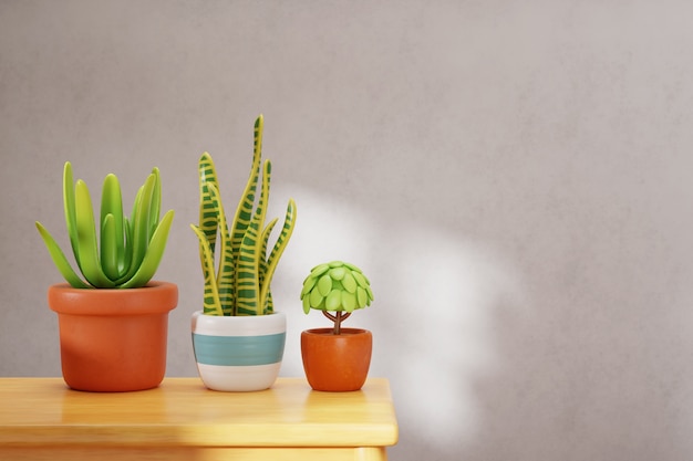 Renderização 3D de plantas e árvores na natureza morta