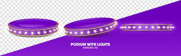 PSD renderização 3d de pódio roxo com luzes em várias perspectivas em fundo transparente