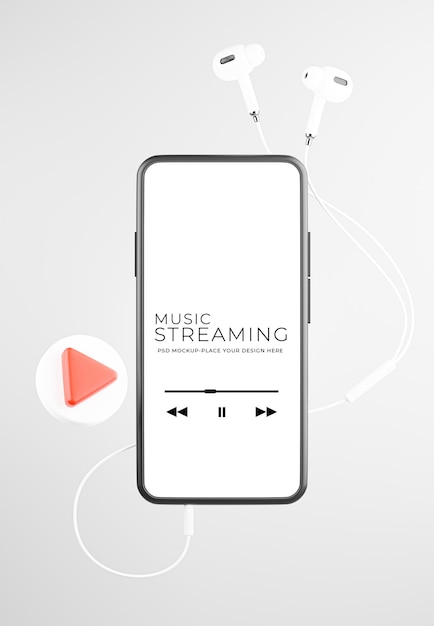 PSD renderização 3d de smartphone com fone de ouvido no design de maquete de streaming de música