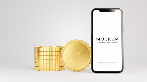 Renderização 3D de smartphone com maquete de pilha de moedas de ouro