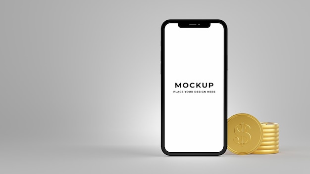 Renderização 3D de smartphone com pilha de moedas de ouro