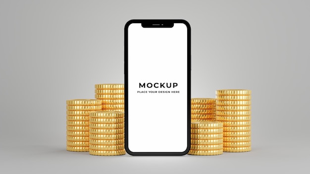 Renderização 3D de smartphone com pilha de moedas de ouro