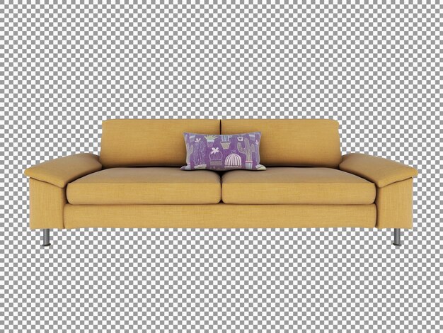Renderização 3D de sofá minimalista de tecido amarelo com interior isolado