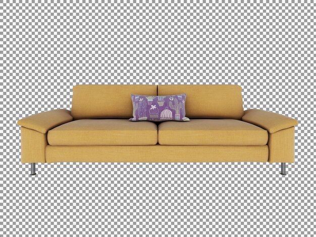 Renderização 3d de sofá minimalista de tecido amarelo com interior isolado