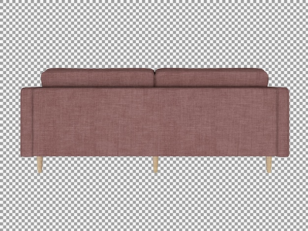 Renderização 3D de sofá minimalista de tecido vermelho com interior de madeira isolado