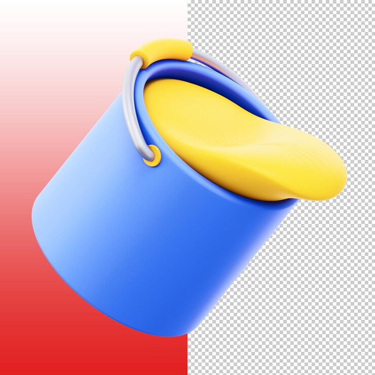 PSD renderização 3d de um balde azul e uma esponja amarela