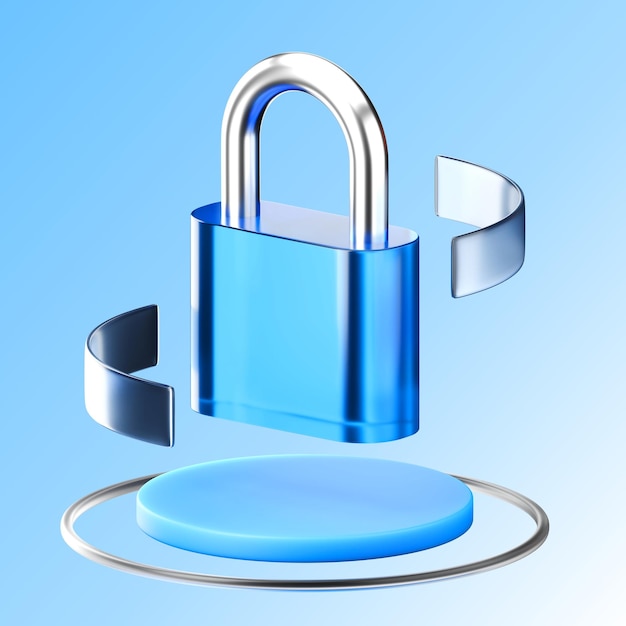 Renderização 3D de um cadeado azul ilustrando segurança e proteção