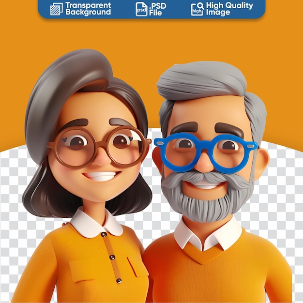 Renderização 3d de um casal feliz de meia-idade, um homem velho e uma mulher de perto.