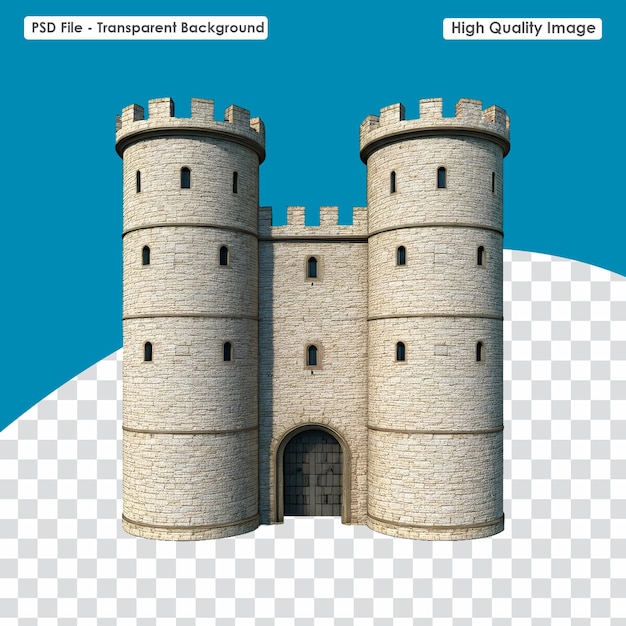 Renderização 3D de um castelo de pedra com duas torres