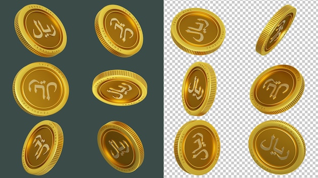 PSD renderização 3d de um conjunto de moedas de ouro iemenitas abstratas em diferentes ângulos