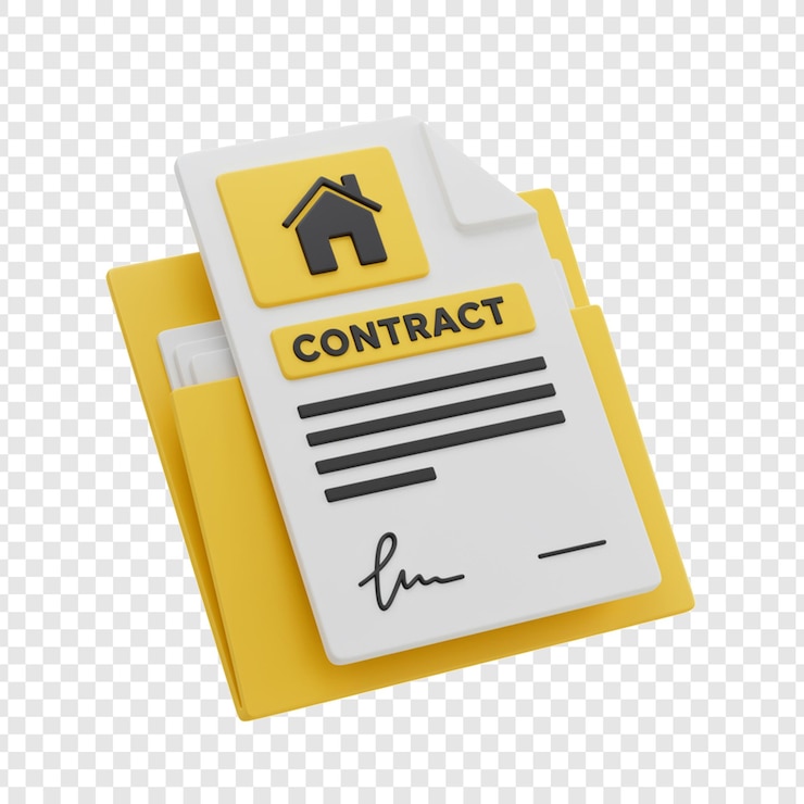 PSD renderização 3d de um contrato imobiliário numa pasta amarela sobre um fundo transparente