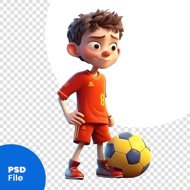 Renderização 3d de um garotinho com bola de futebol em modelo psd de fundo branco