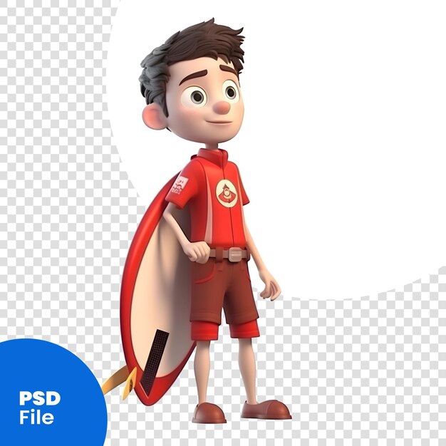 PSD renderização 3d de um garoto de desenho animado bonito com um modelo psd de prancha de surf