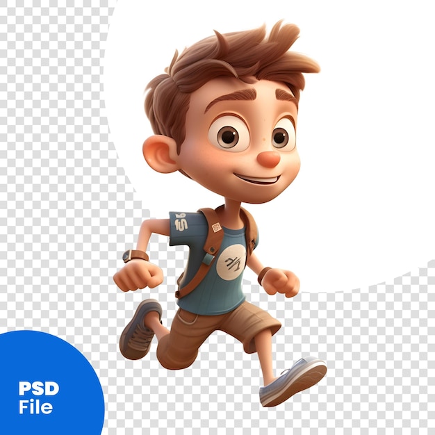 Renderização 3d de um garoto fofo correndo com mochila e mostrando polegares para cima modelo psd