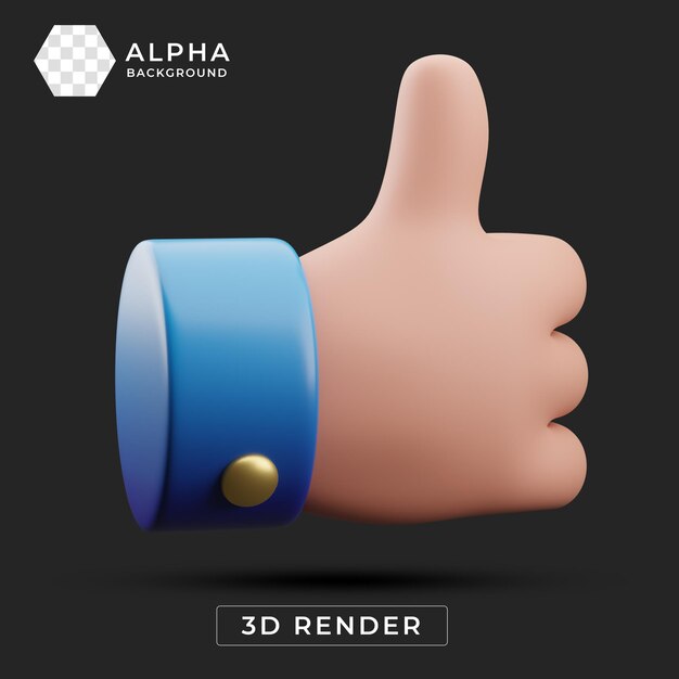 Renderização 3D de um gesto de polegar para cima com manguito azul e botão dourado