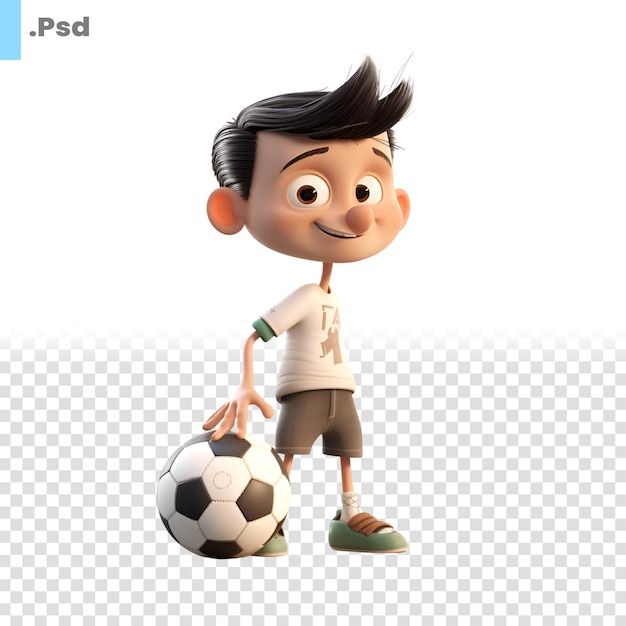 Renderização 3d de um lindo menino asiático com uma bola de futebol modelo psd