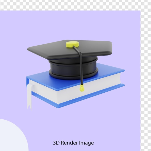 Renderização 3d de um livro com um chapéu de formatura