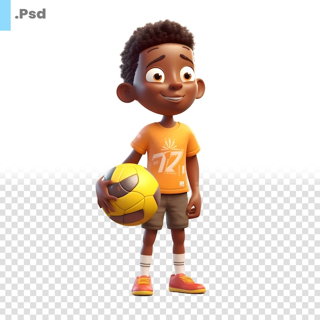 PSD renderização 3d de um menino afro-americano com modelo psd de bola de futebol