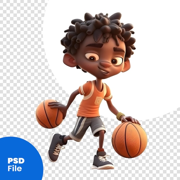 PSD renderização 3d de um menino afro-americano com um modelo psd de basquete
