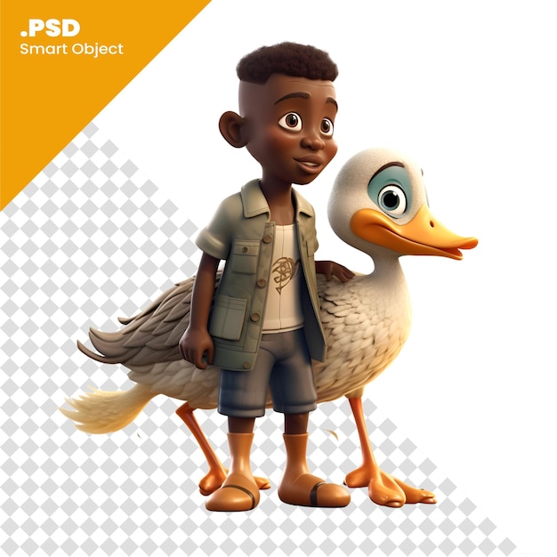 PSD renderização 3d de um menino afro-americano com um pato no modelo psd de fundo branco
