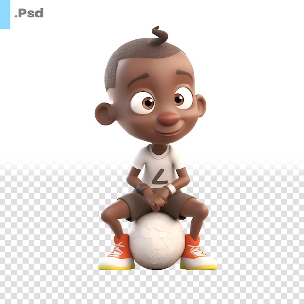PSD renderização 3d de um menino afro-americano com uma bola de futebol em um modelo psd de fundo branco