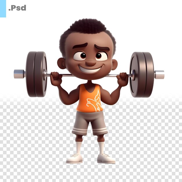 PSD renderização 3d de um menino afro-americano se exercitando com um modelo psd de barra