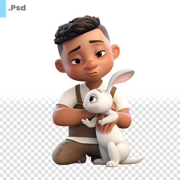 PSD renderização 3d de um menino asiático com coelho em fundo branco modelo psd