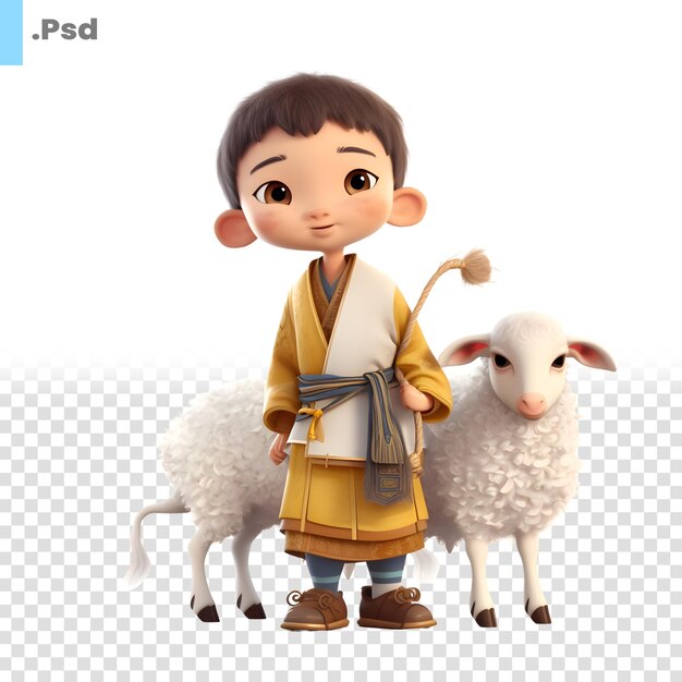 Renderização 3d de um menino bonito em kimono e ovelha modelo psd