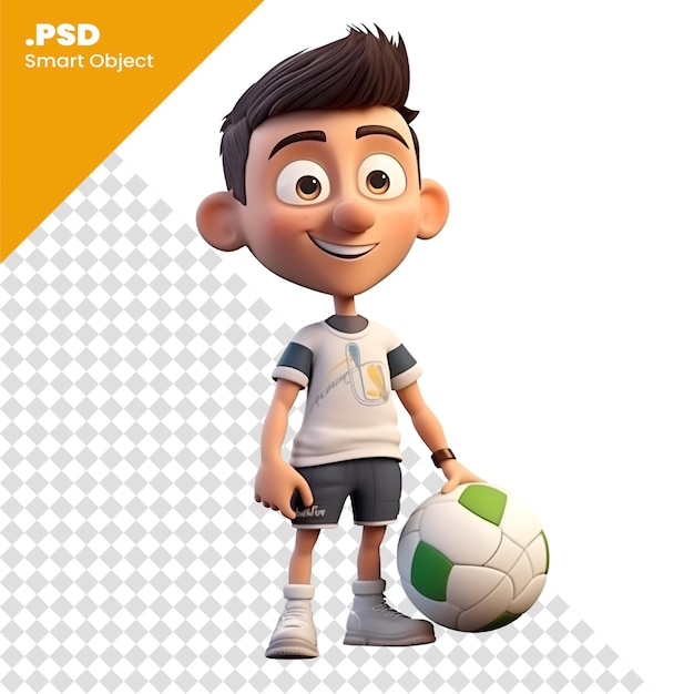 PSD renderização 3d de um menino com bola de futebol isolada no modelo psd de fundo branco