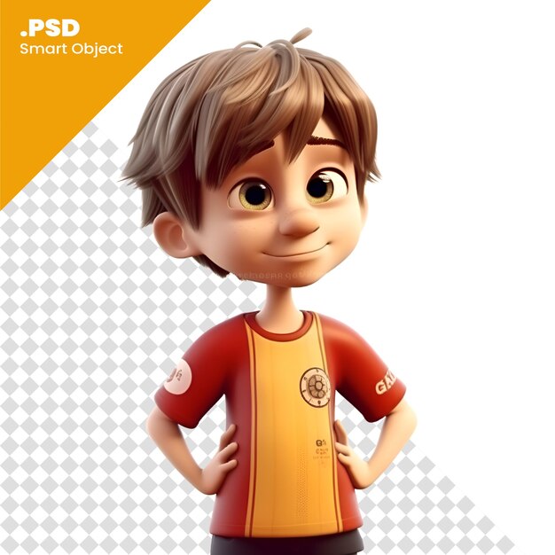 PSD renderização 3d de um menino com camisa de futebol isolado em um modelo psd de fundo branco