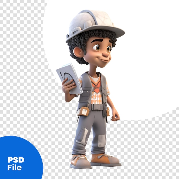 PSD renderização 3d de um menino com capacete de construção e macacão psd