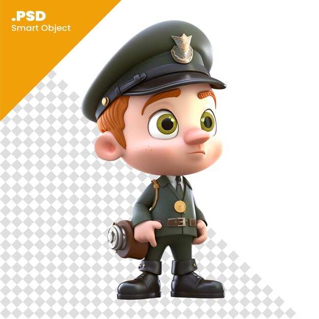 PSD renderização 3d de um menino com chapéu do exército e modelo psd de uniforme verde