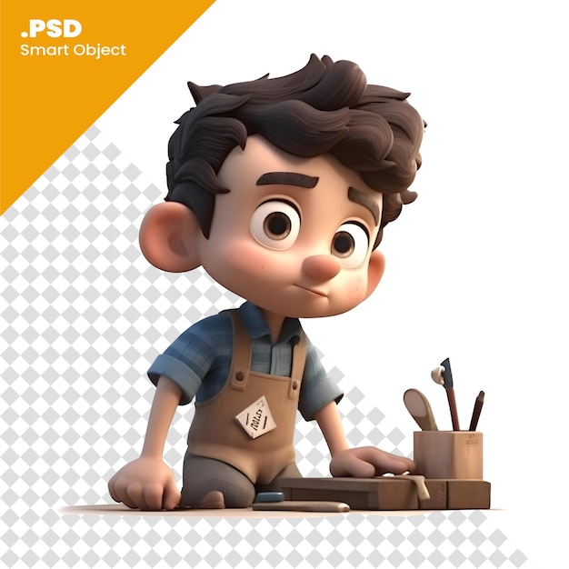 PSD renderização 3d de um menino com ferramentas de artesão modelo psd