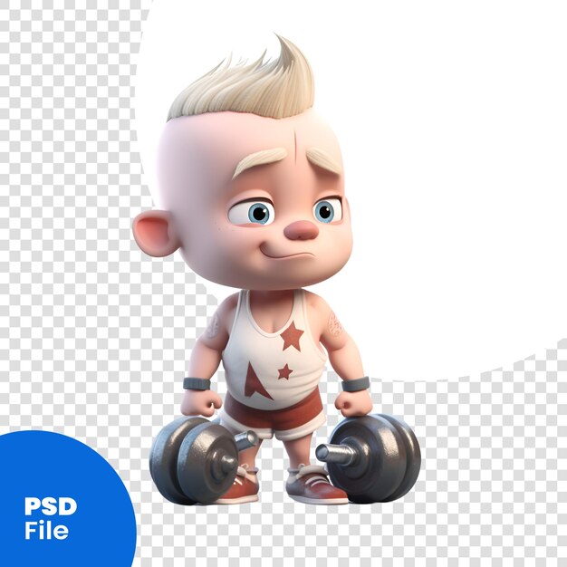 PSD renderização 3d de um menino com haltere em fundo branco modelo psd
