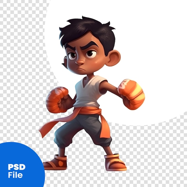PSD renderização 3d de um menino com luvas de boxe em fundo branco modelo psd