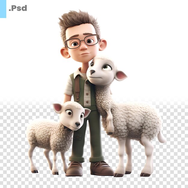 PSD renderização 3d de um menino com ovelhas isoladas em um padrão psd de fundo branco