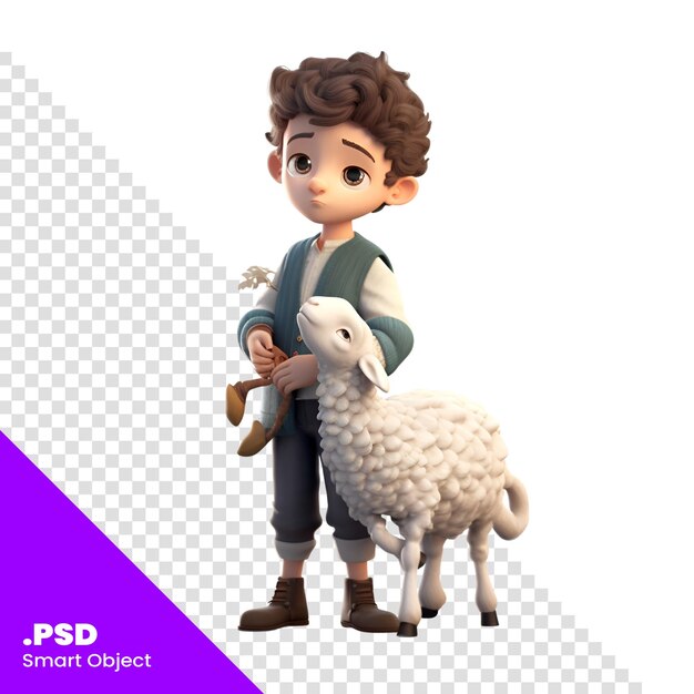 PSD renderização 3d de um menino com ovelhas isoladas no modelo psd de fundo branco