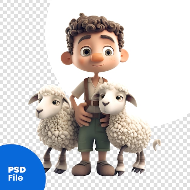 PSD renderização 3d de um menino com suas ovelhas isoladas em um modelo psd de fundo branco