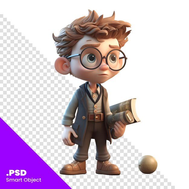 PSD renderização 3d de um menino com um livro e uma bola modelo psd