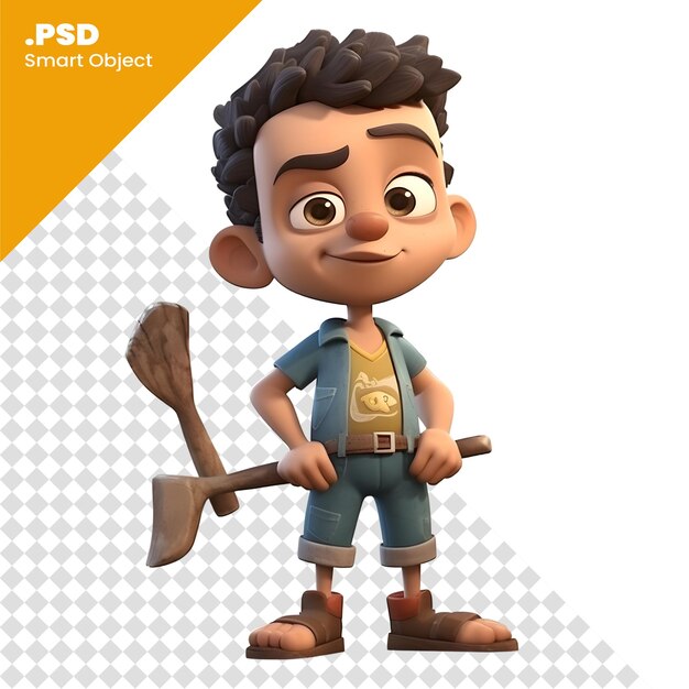 PSD renderização 3d de um menino com um machado na mão modelo psd