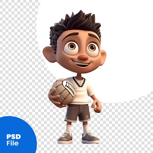 Renderização 3d de um menino com uma bola de futebol na mão modelo psd