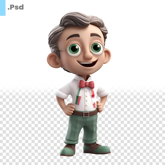 Renderização 3d de um menino de desenho animado com suspensórios e gravata psd