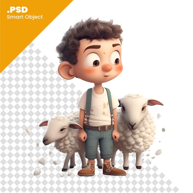 PSD renderização 3d de um menino fofo ao lado de um rebanho de ovelhas modelo psd